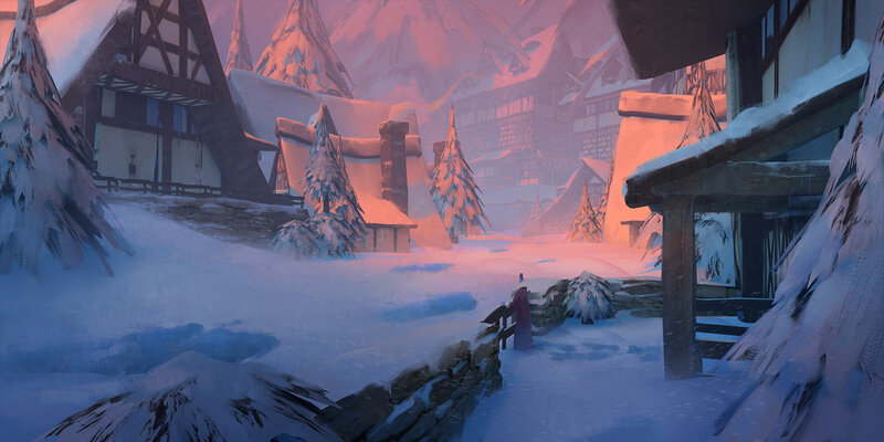 Person in Winter Village — Blue
