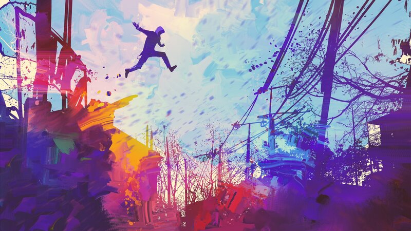 Person Jumping Between Buildings — Purple