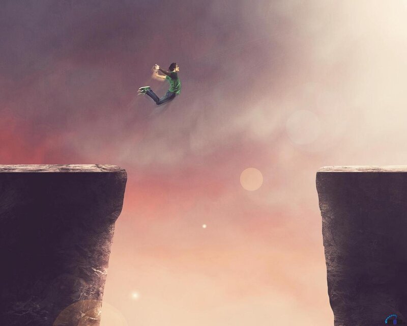 Person Jumping Between Cliffs — Pink
