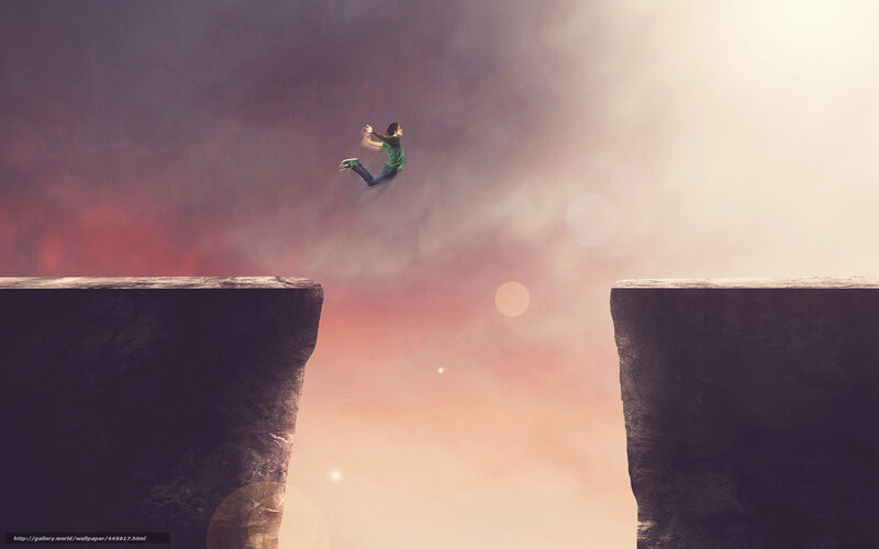 Person Jumping Between Cliffs — Purple, Dramatic
