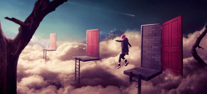Person Jumping Between Doors