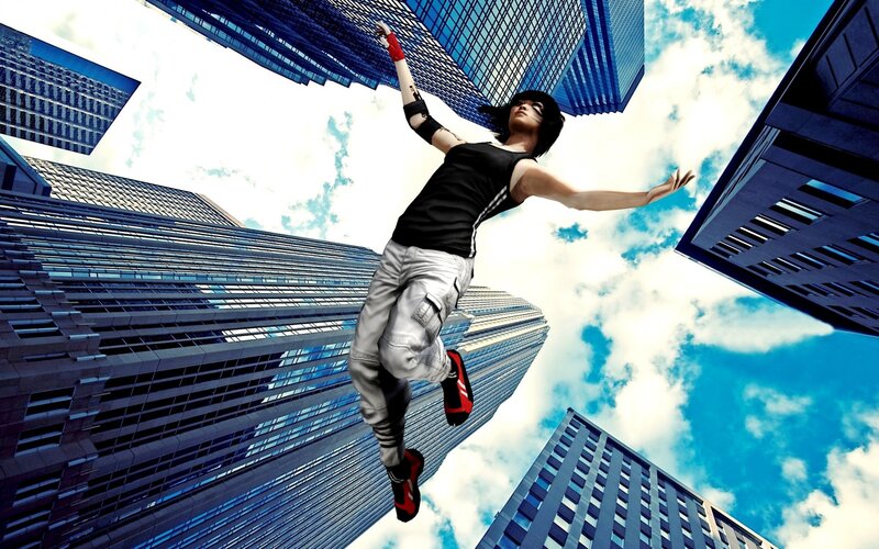 person jumping between skyscrapers
