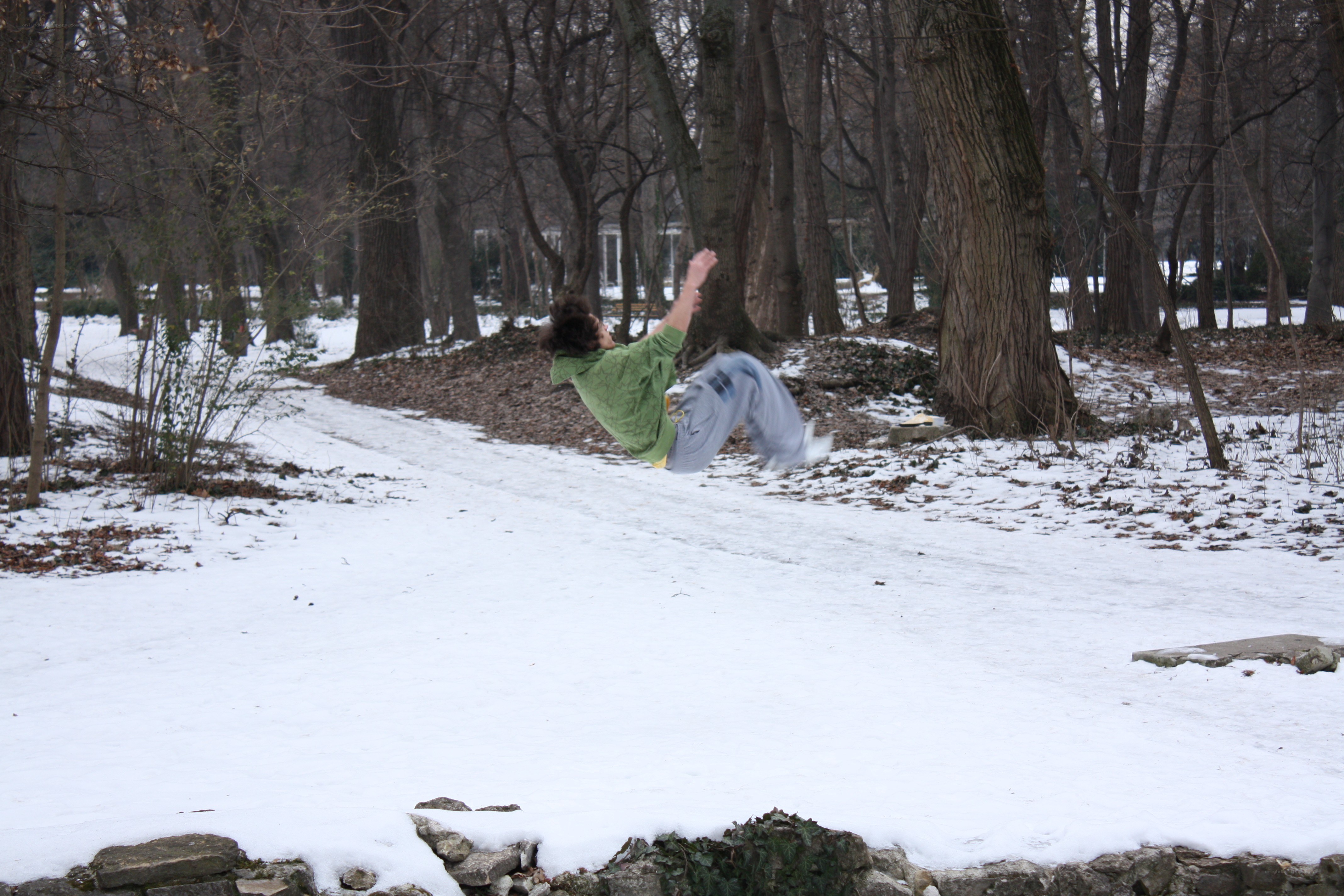 Person jumping in snowy park