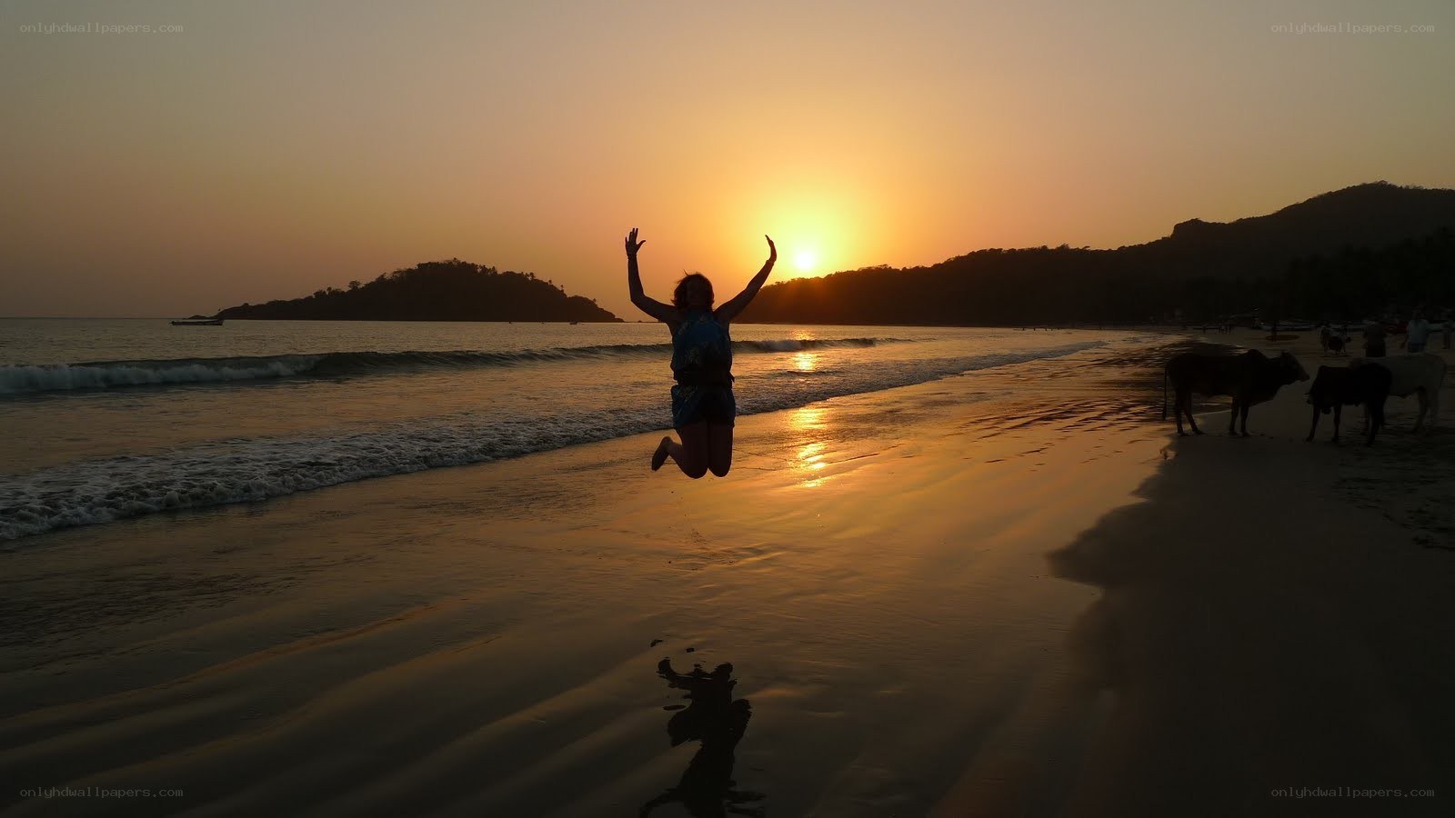 person jumping on beach at sunset