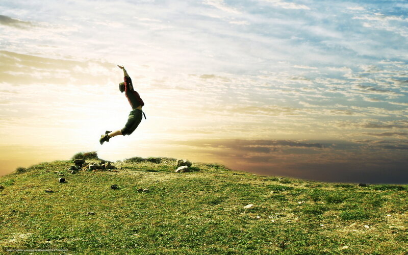 Person Jumping on Hill — Green, Dramatic