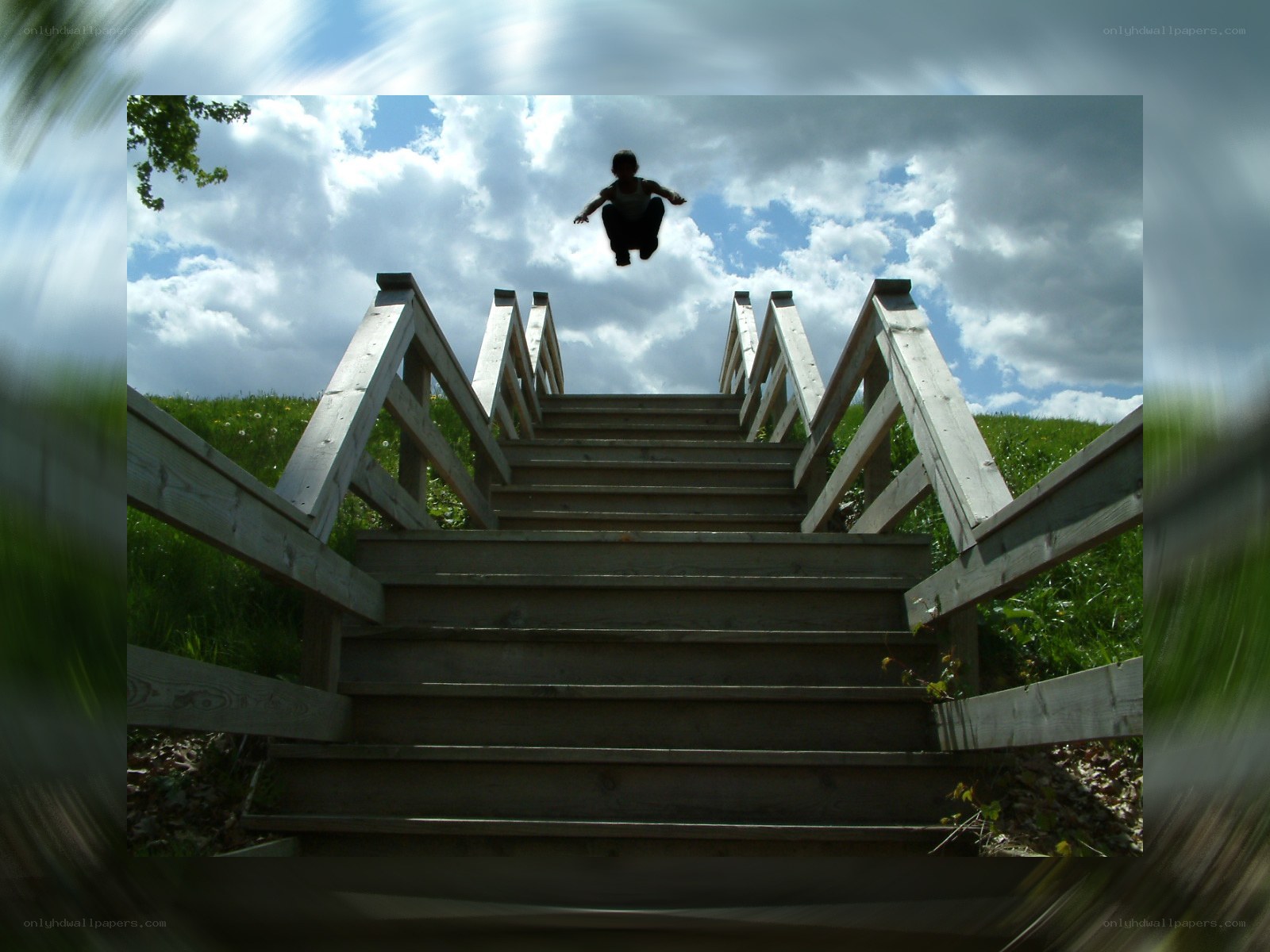 Person jumping over stairs
