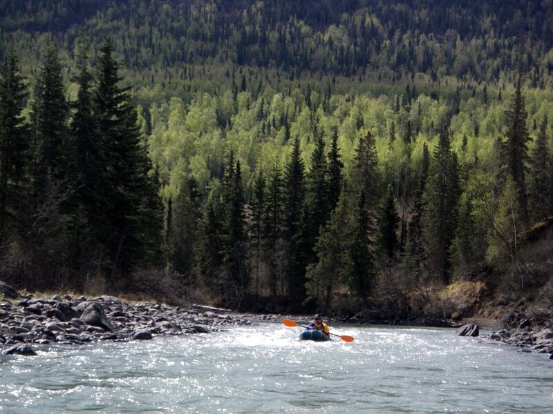 Person Kayaking in River — Green