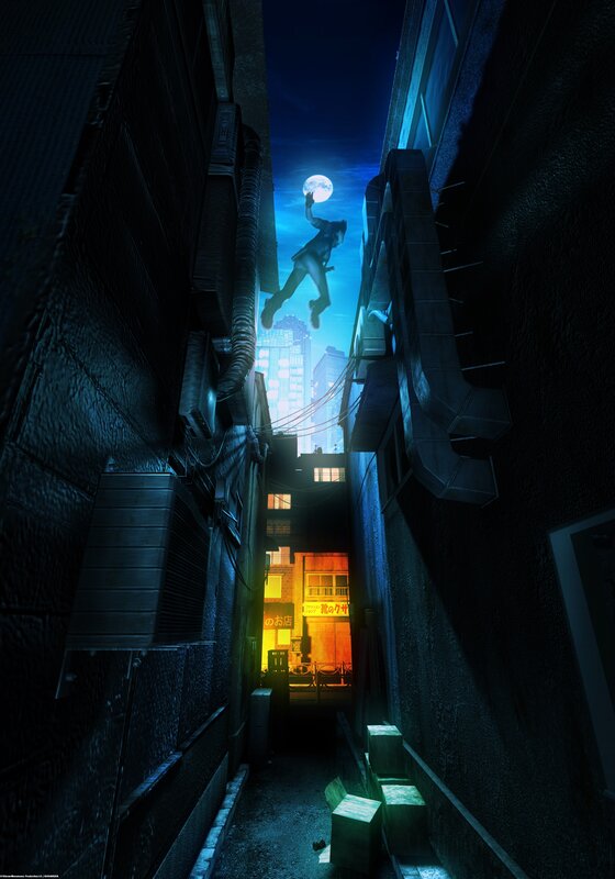 Person leaping in alley at night