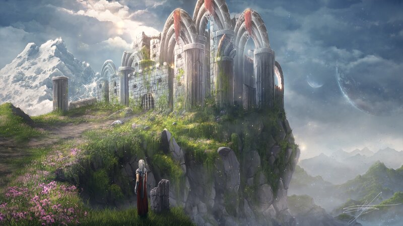 Person Looking at Castle — Green, Dramatic