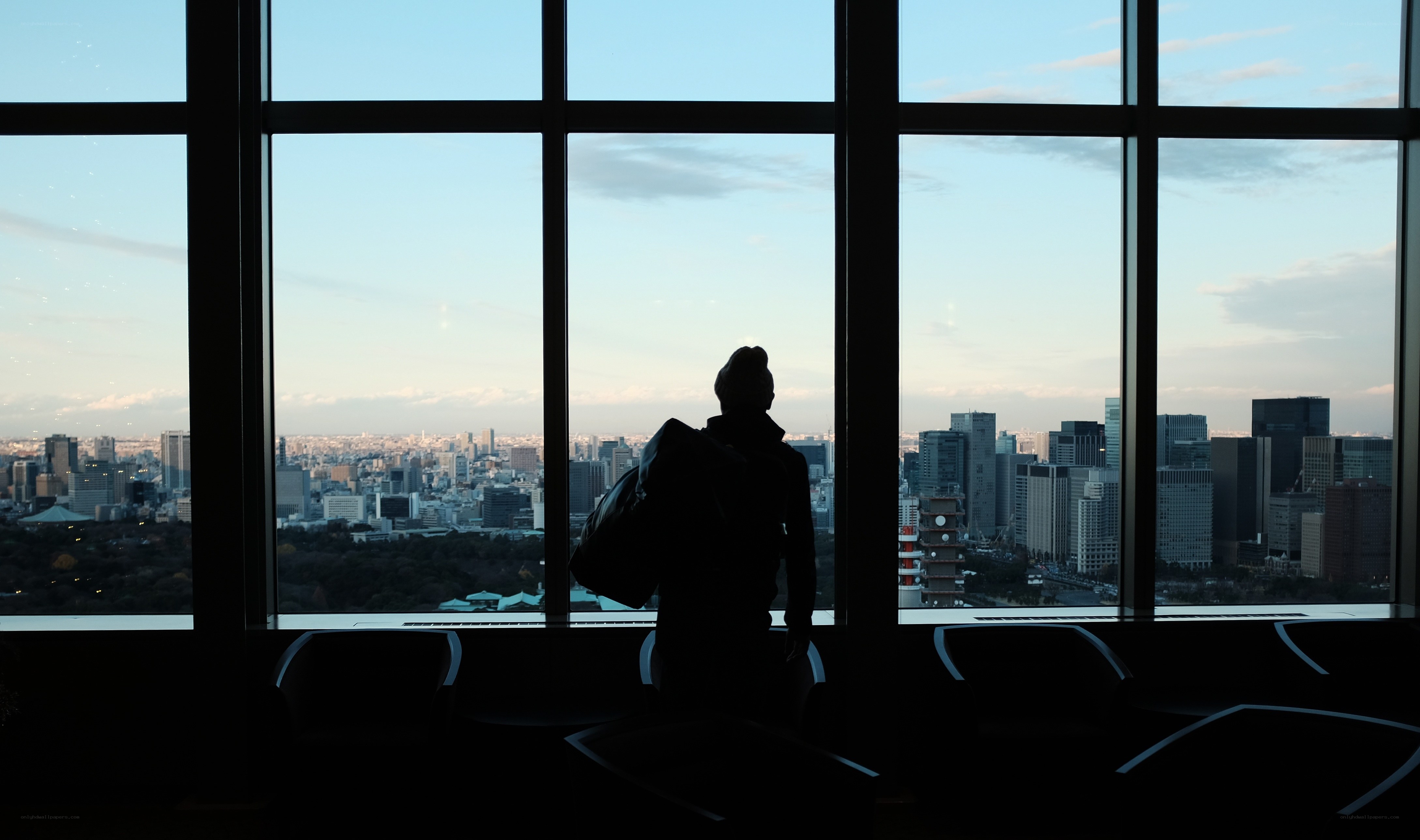 Person looking out at city