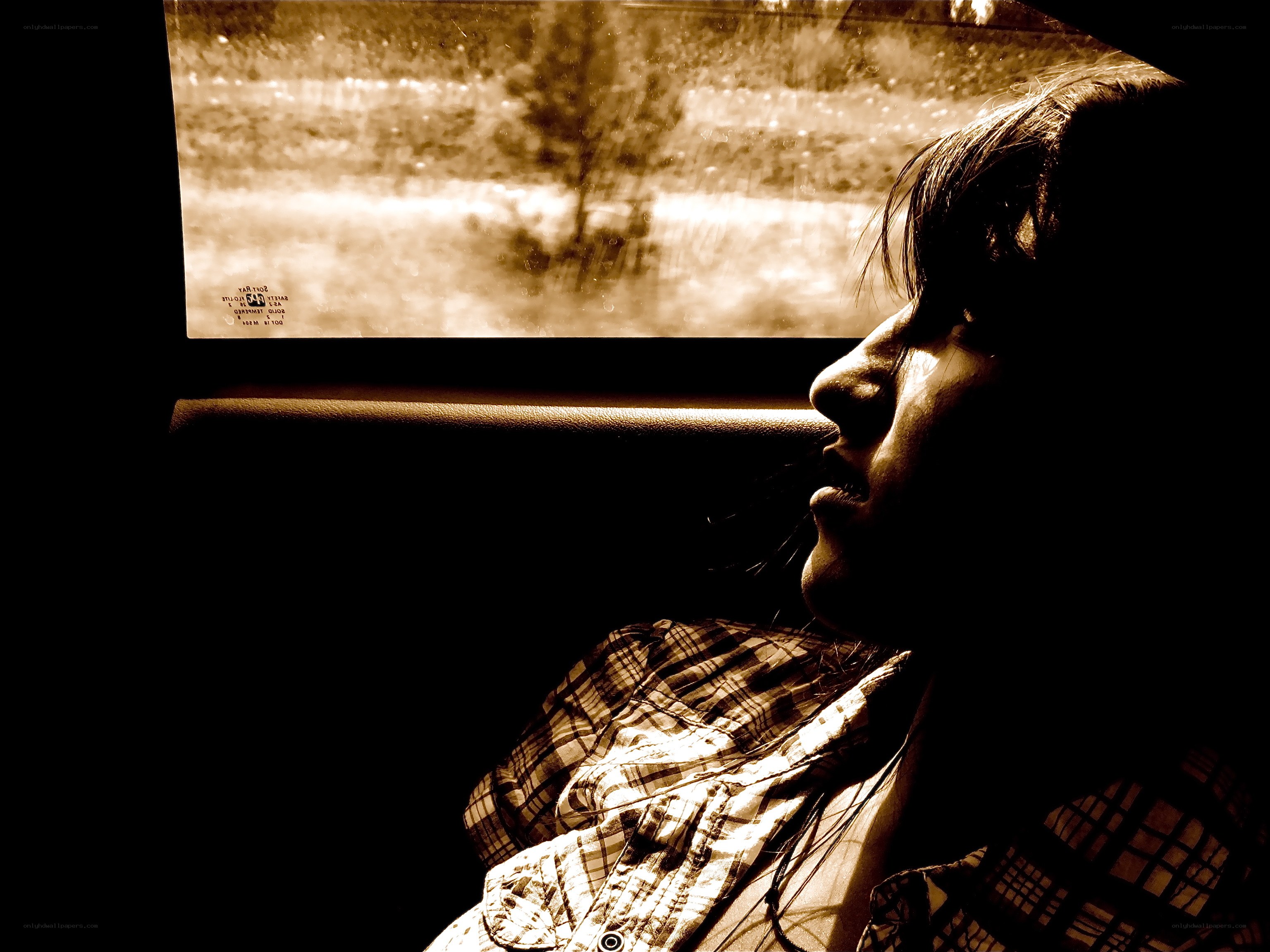 person looking out car window