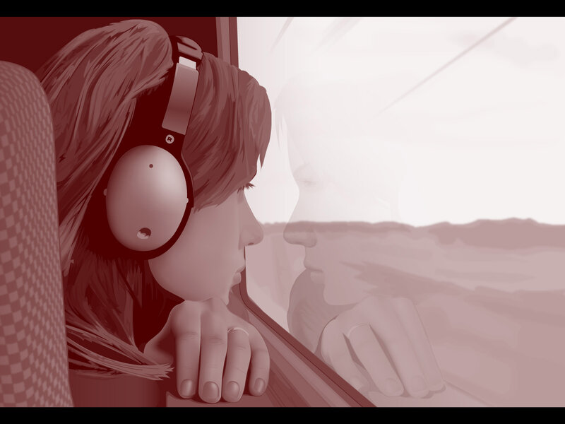 person looking out train window