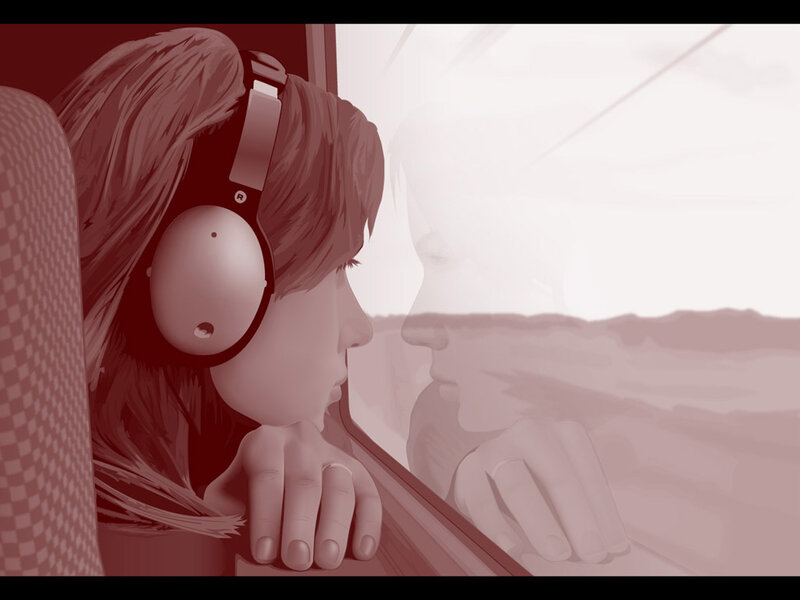 person looking out train window