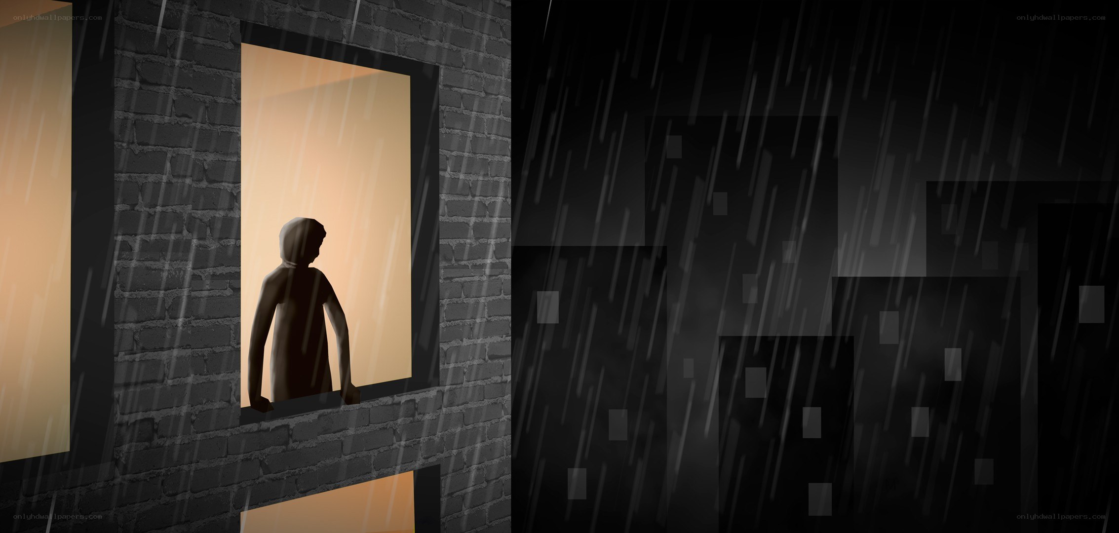 person looking out window in rain