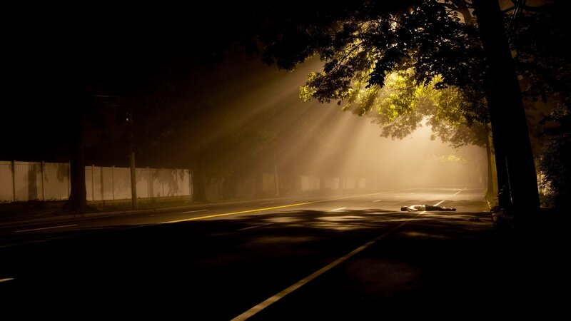 Person Lying on Road — Black, Dramatic, Night