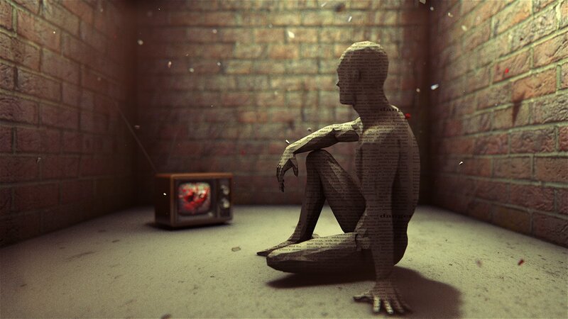 person made of text in a brick room