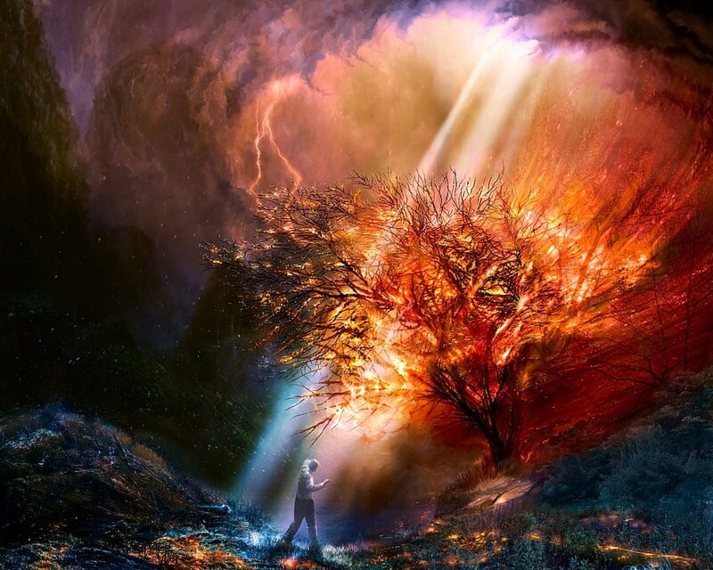 Person Near Burning Tree — Orange, Dramatic, Night, Digital Art