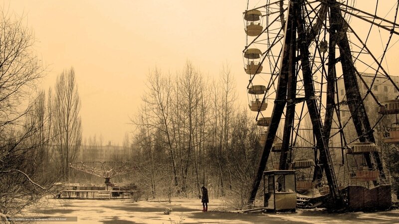 Person Near Ferris Wheel — Sepia, Desolate, Winter, Photograph