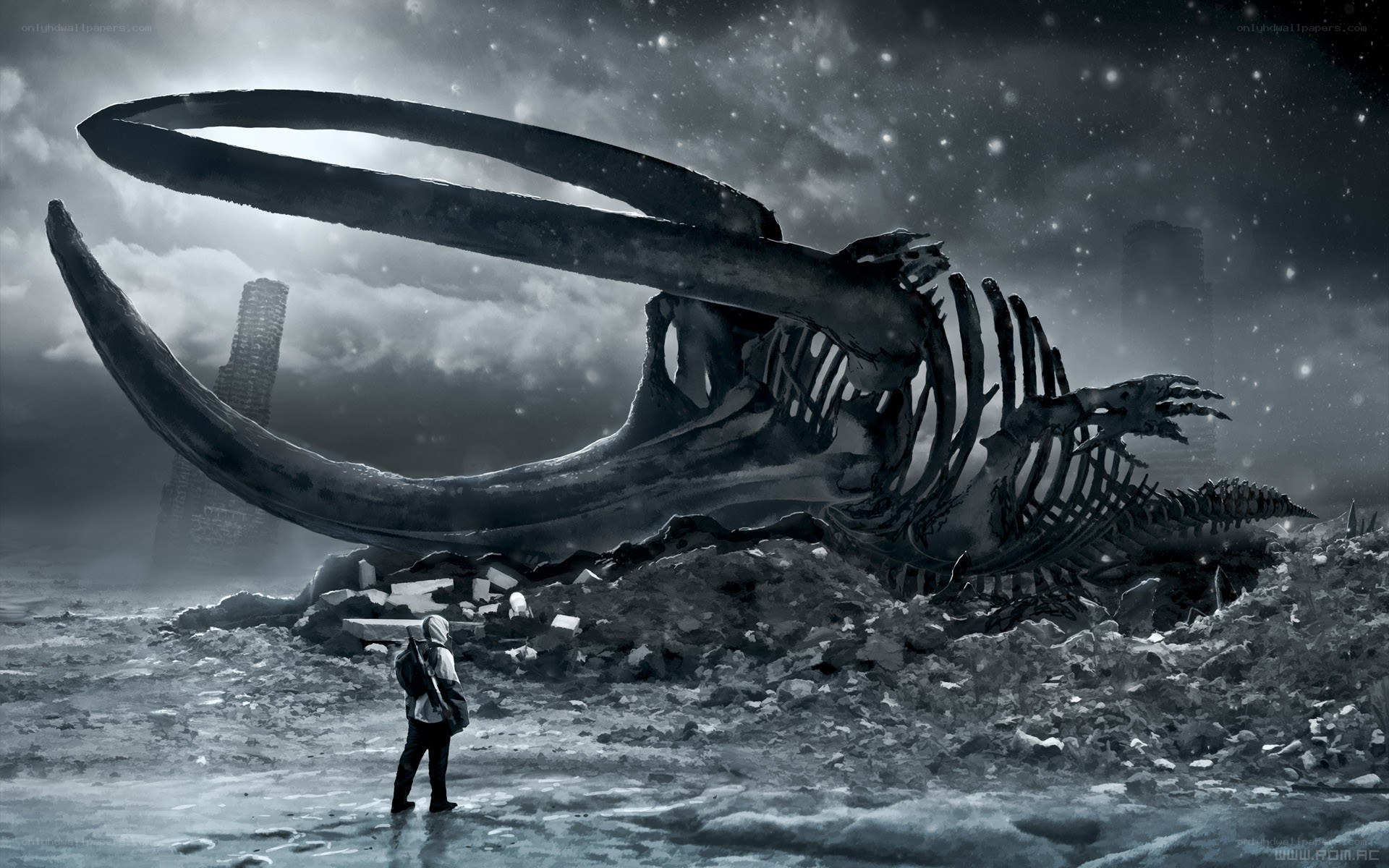 person near giant skeleton