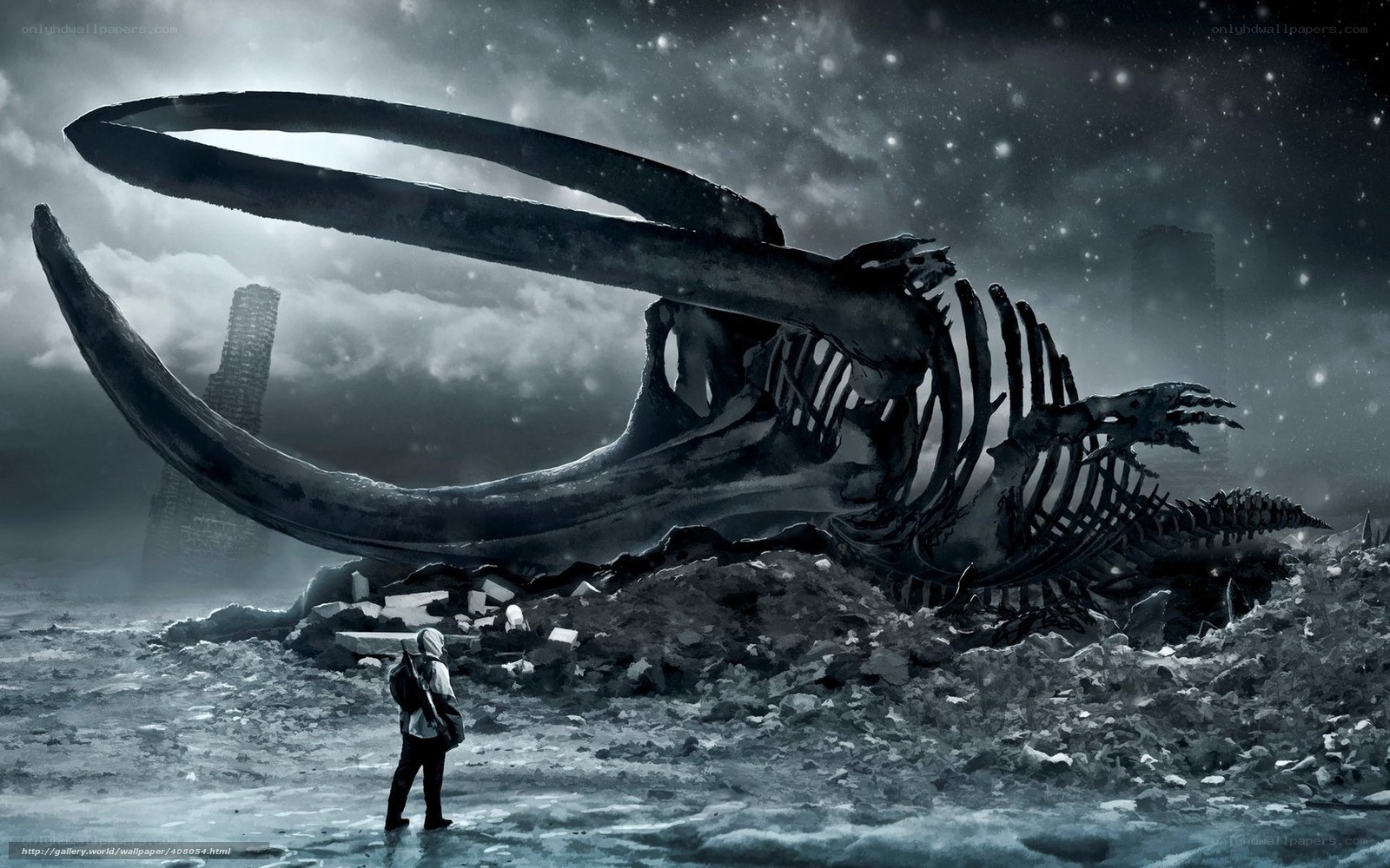 person near giant skeleton