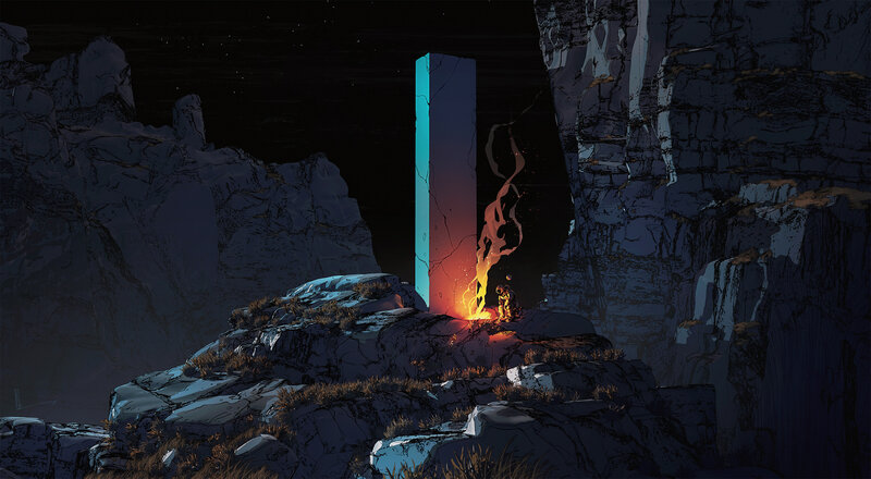 Person Near Glowing Monolith — Blue