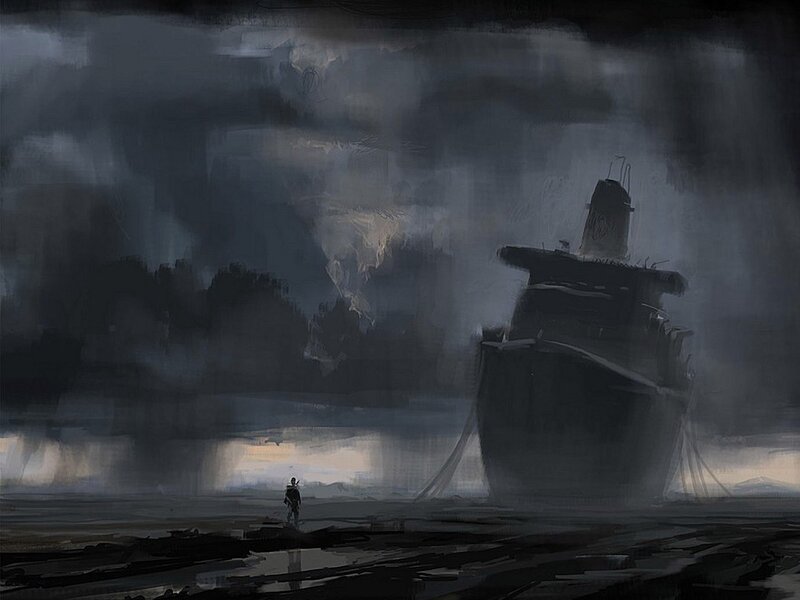 Person Near Shipwreck — Gray, Dramatic, Night, Digital Art