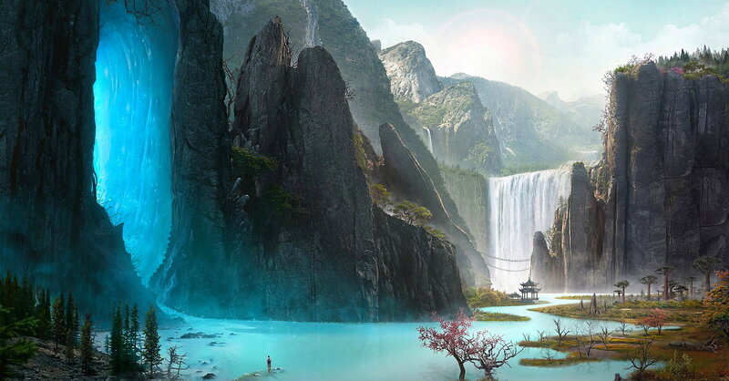 Person Near Waterfall — Blue
