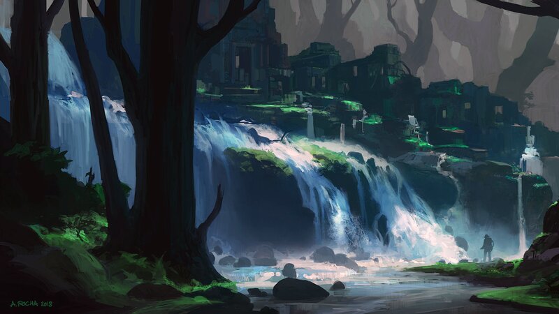 Person Near Waterfall — Green, Dramatic, Digital Art