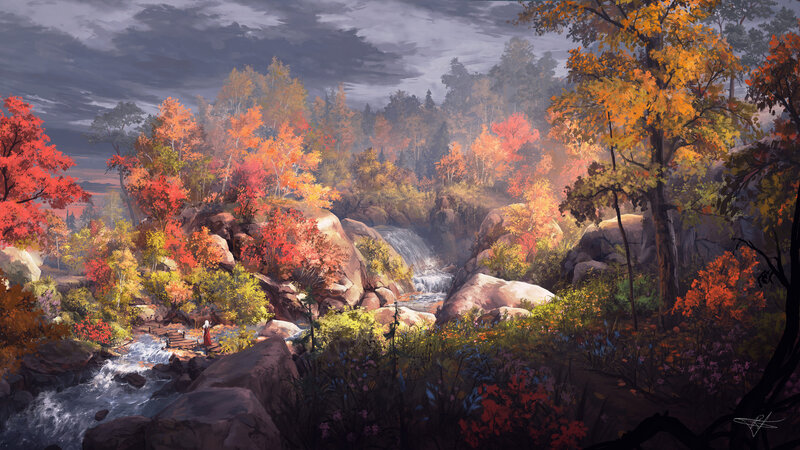 Person Near Waterfall — Orange, Dramatic