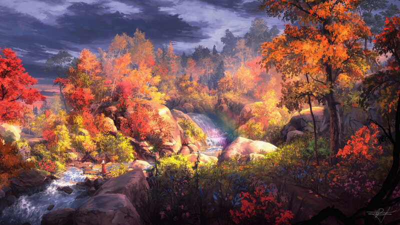 Person Near Waterfall — Orange