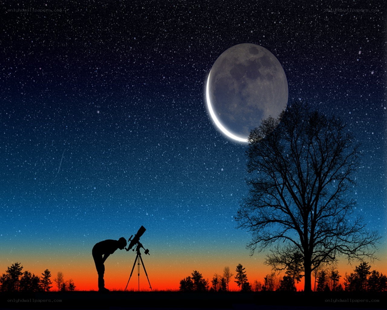 Person observing moon with telescope
