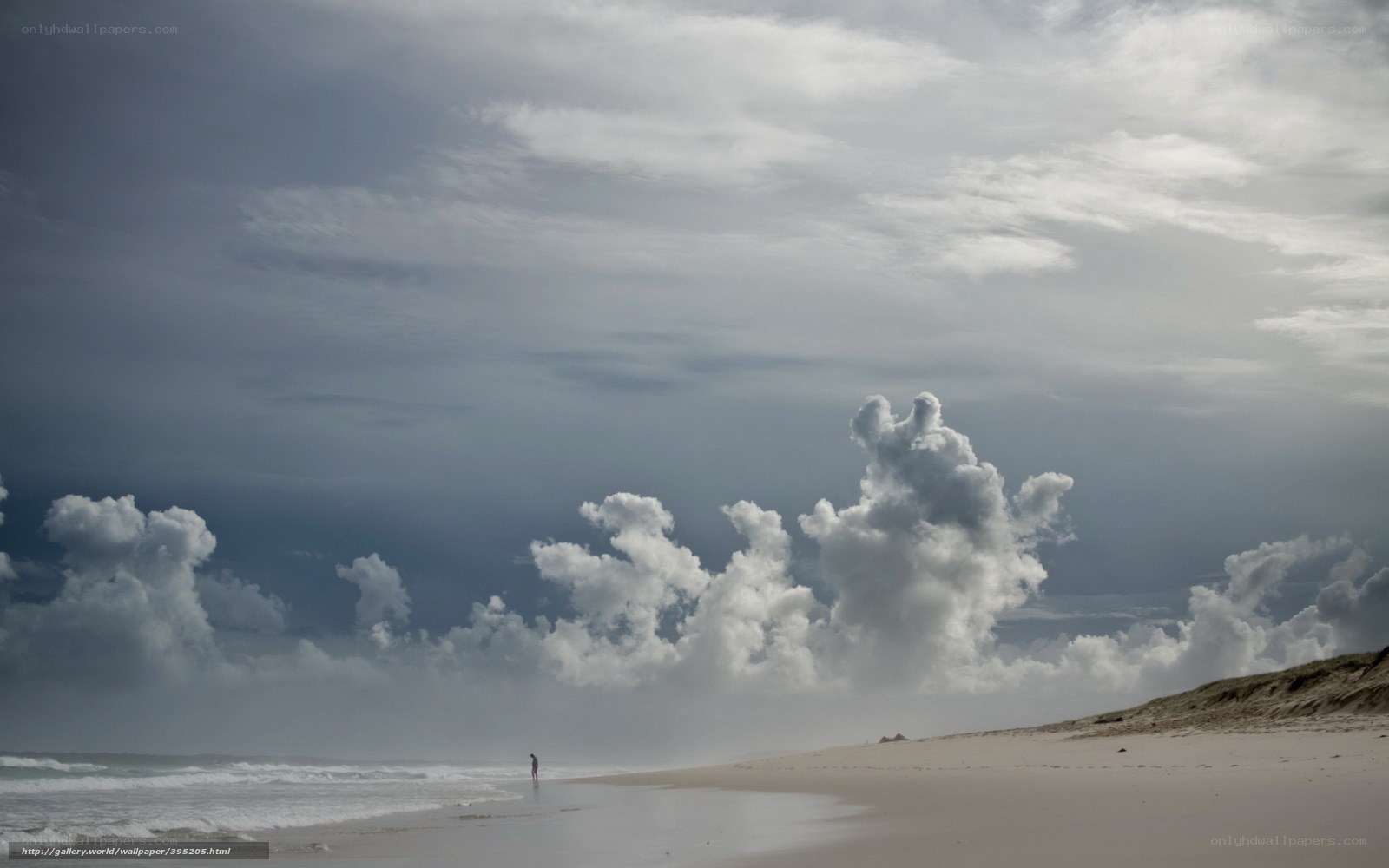 Person on a beach under cloudy sky