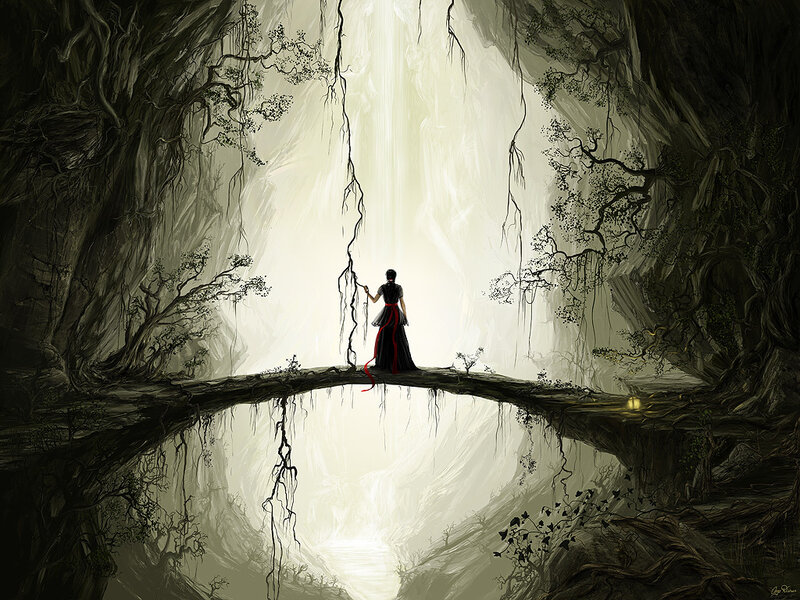 Person on a Bridge — Black, Dramatic, Digital Art, Cave, Light, White, Gray, Liz Reiner