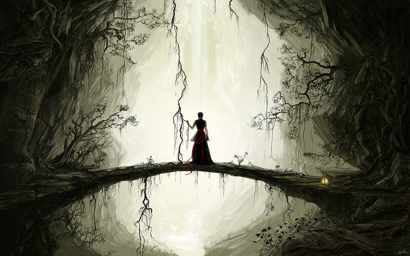 Person on a Bridge — Black, Dramatic, Digital Art, Cave