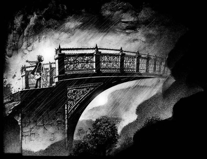Person on a Bridge — Black, Dramatic, Night, Illustration