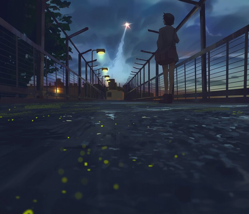 Person on a Bridge — Blue, Dramatic, Night, Anime