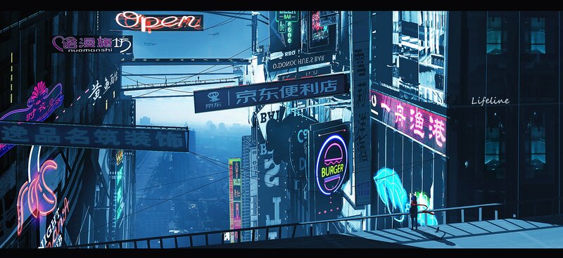 Person on a Bridge — Blue, Dystopian
