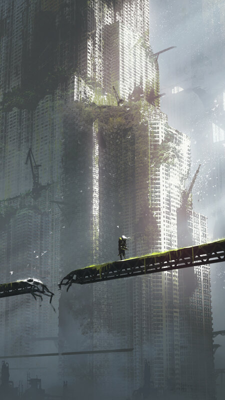 Person on a Bridge — Gray, Dramatic, Digital Art, Skyscrapers