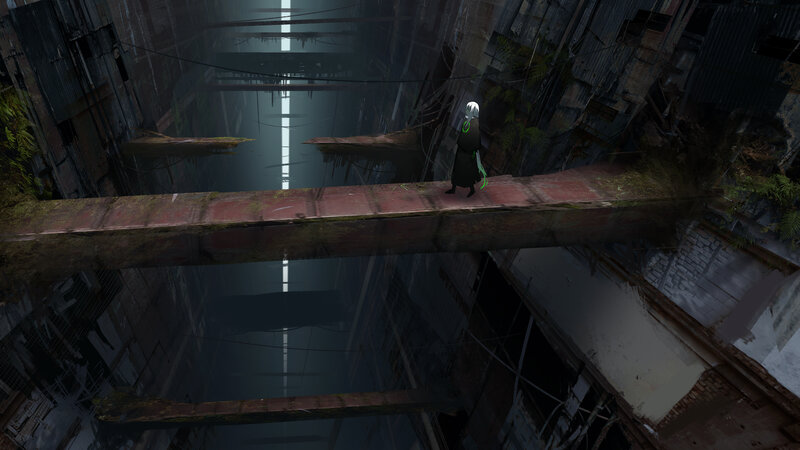 Person on a Bridge — Gray, Dramatic, Night, Digital Art