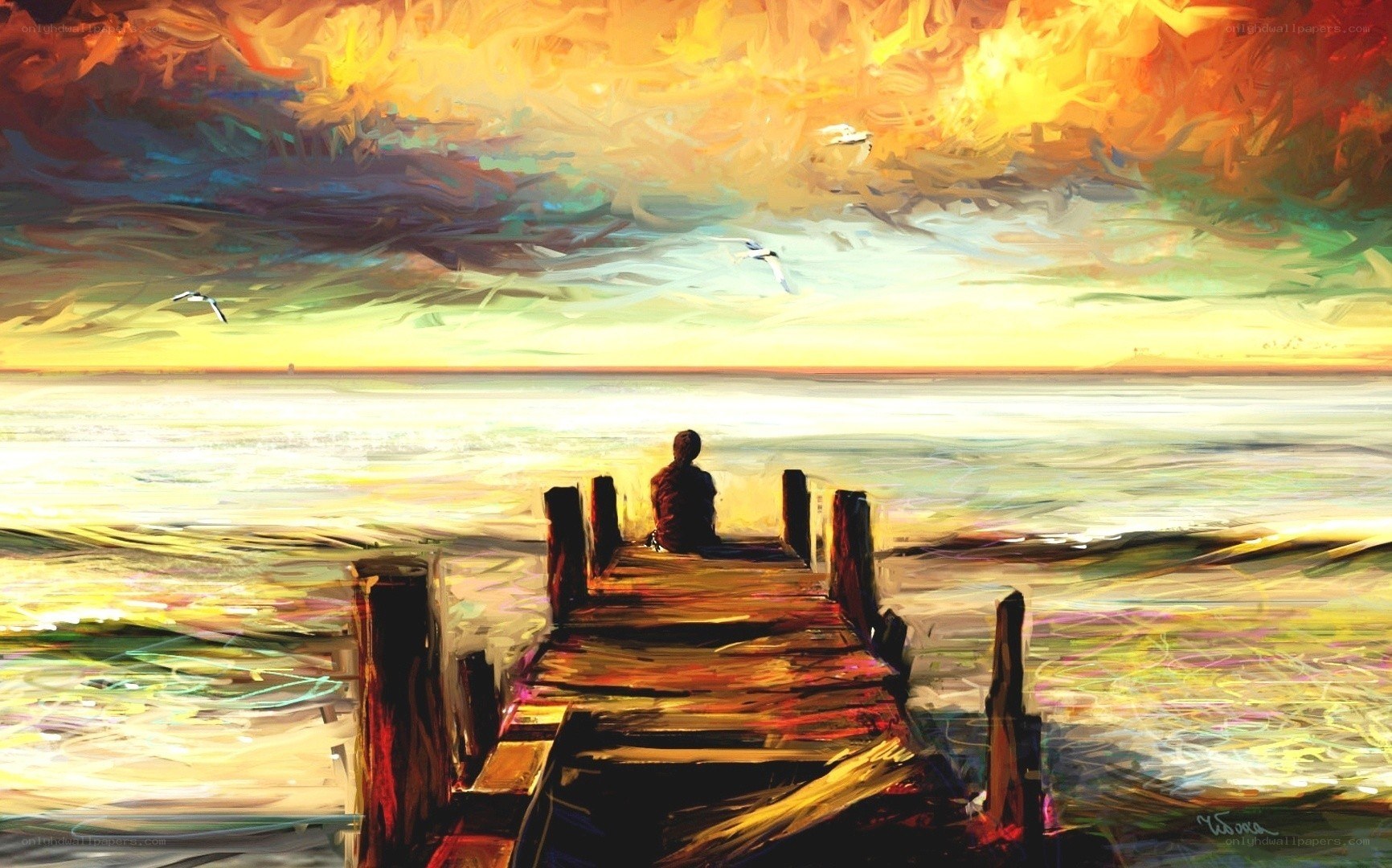 Person on a dock at sunset