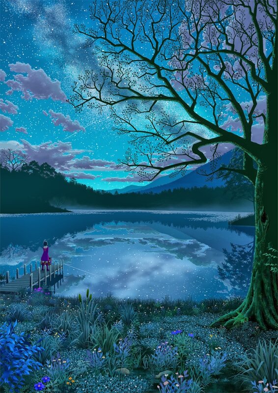 Person on a Dock — Blue, Serene, Night, Digital Art