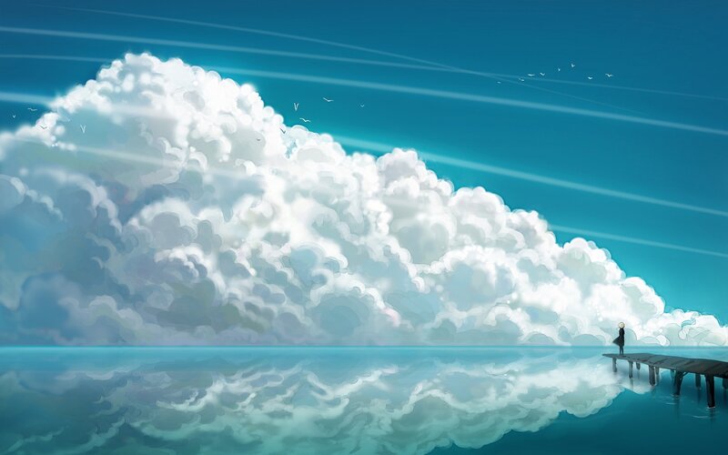 Person on a Pier — Blue, Serene, Afternoon, Digital Art, Clouds, Birds