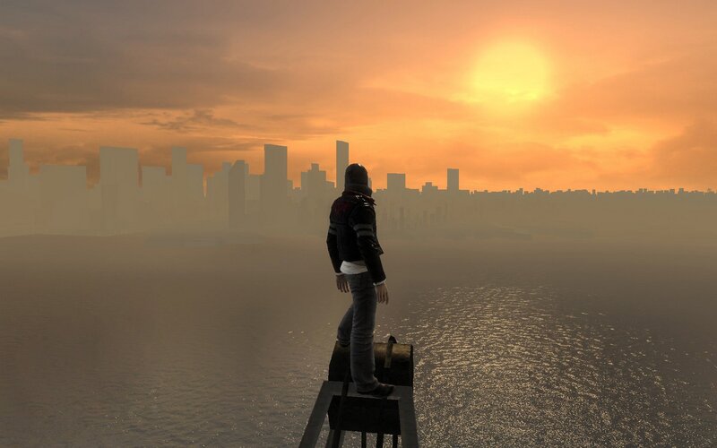 Person on a Pier — Orange, Serene, Sunset