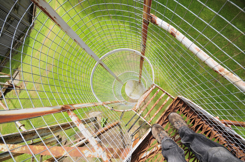 person on a spiral tower
