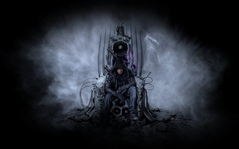 person on a throne of skulls
