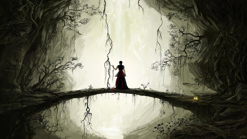 Person on a Tree Bridge — Black, Dramatic, Digital Art, Tree Roots