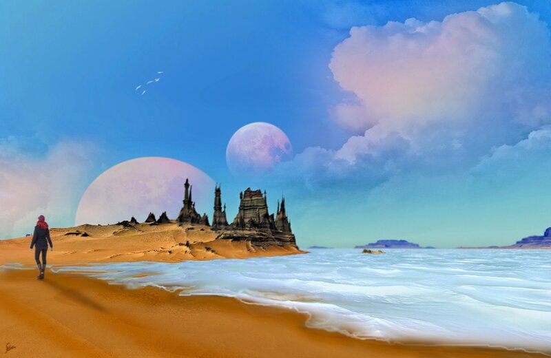 Person on Alien Beach — Blue, Serene, Night