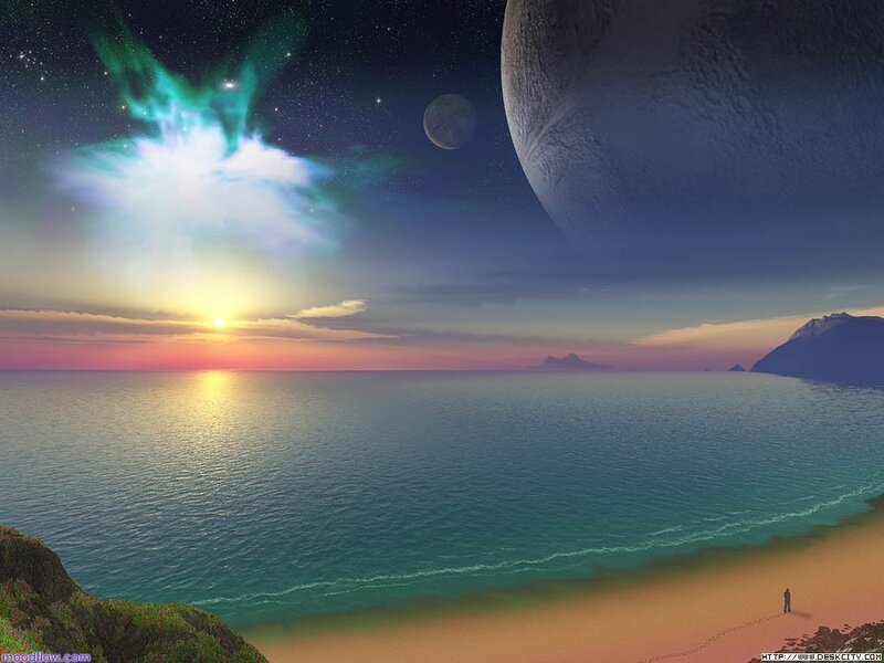 Person on Alien Beach — Blue, Serene, Sunset, Digital Art, Planet