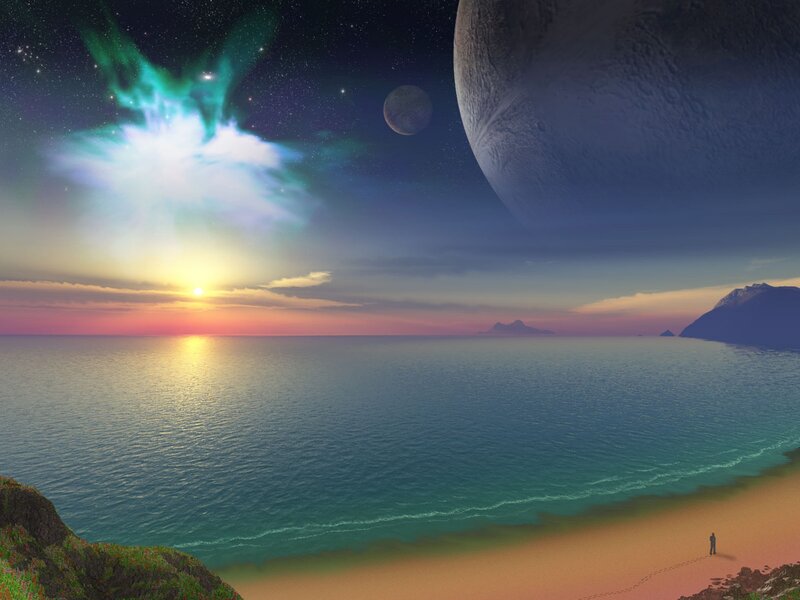 Person on Alien Beach — Blue, Serene, Sunset, Digital Art