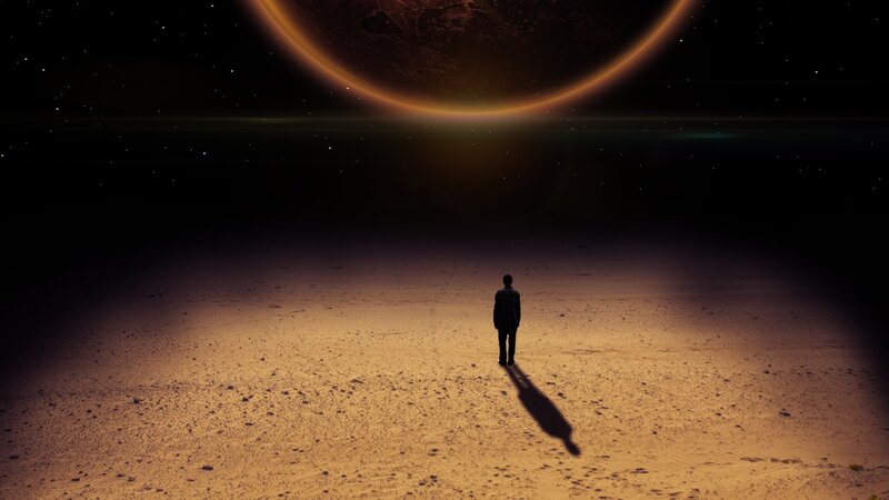 Person on Alien Planet — Black, Dramatic, Night, Digital Art, Stars